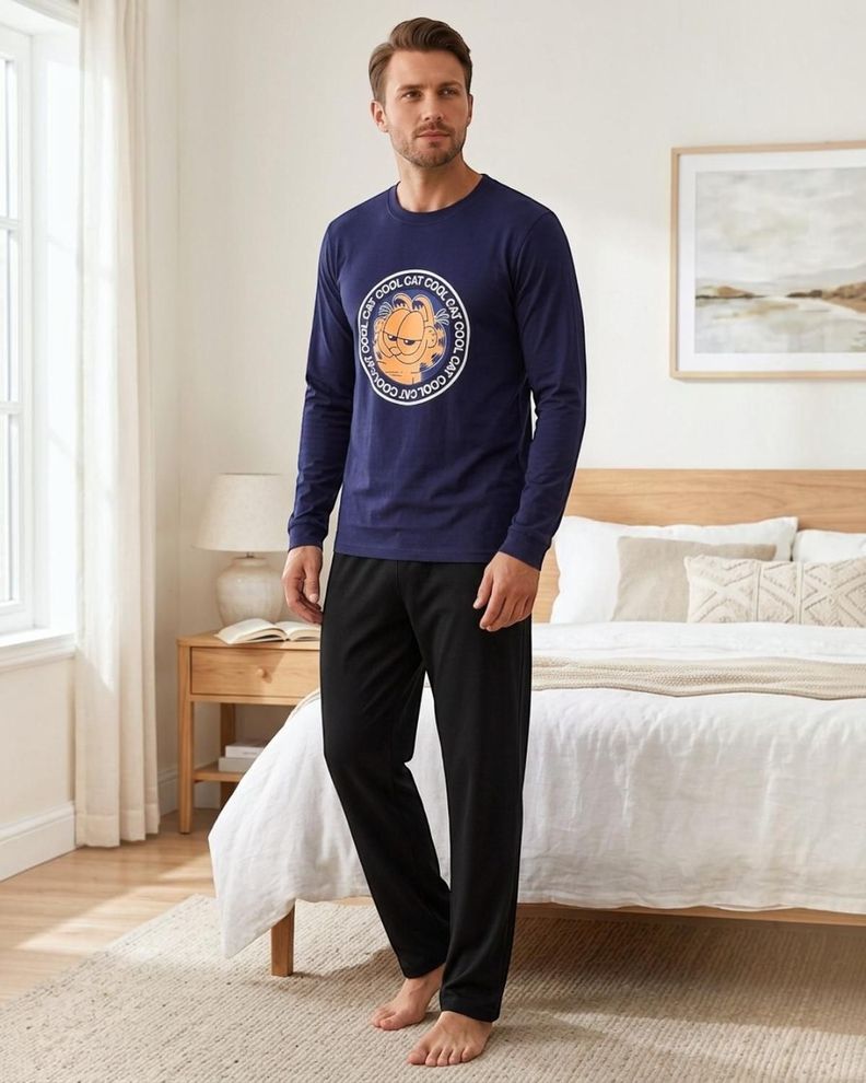 Pijama Hombre Algodón Estampado Garfield Azul