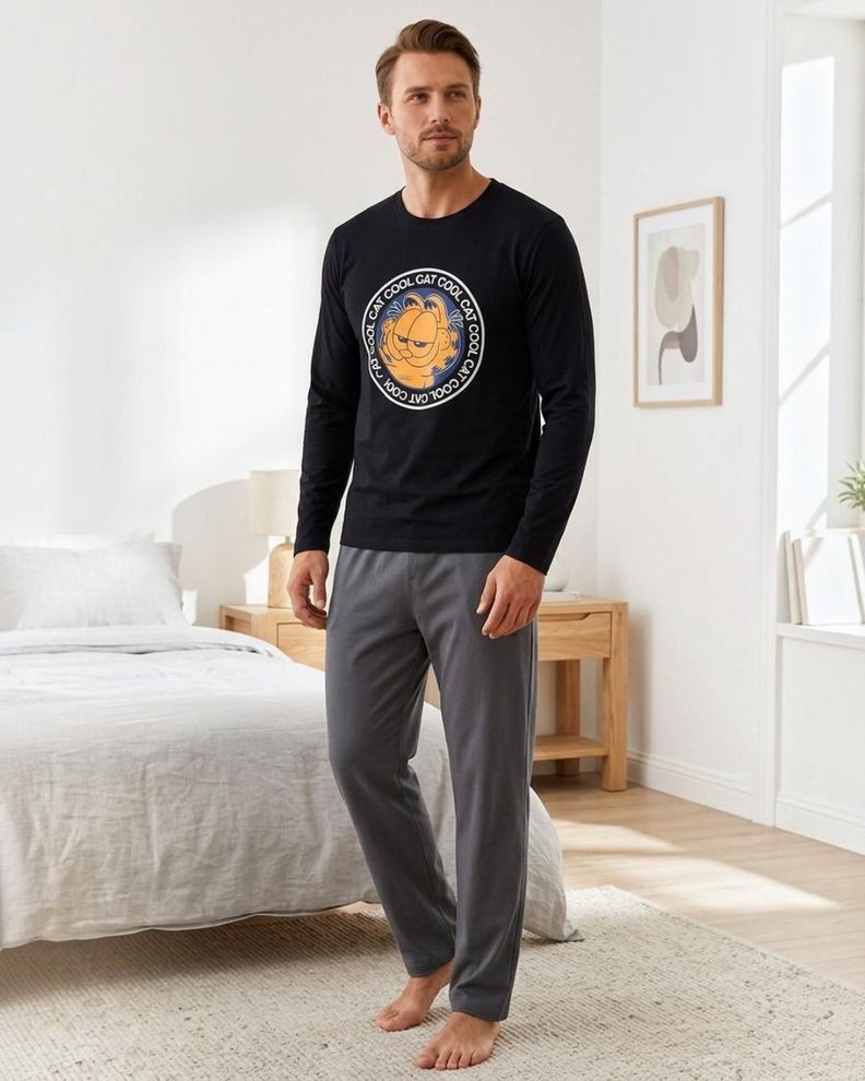 Pijama Hombre Algodón Estampado Garfield Negro