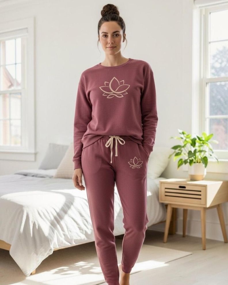 Pijama Franela Mujer Estampado Flor de Loto Burdeo Terracota XS