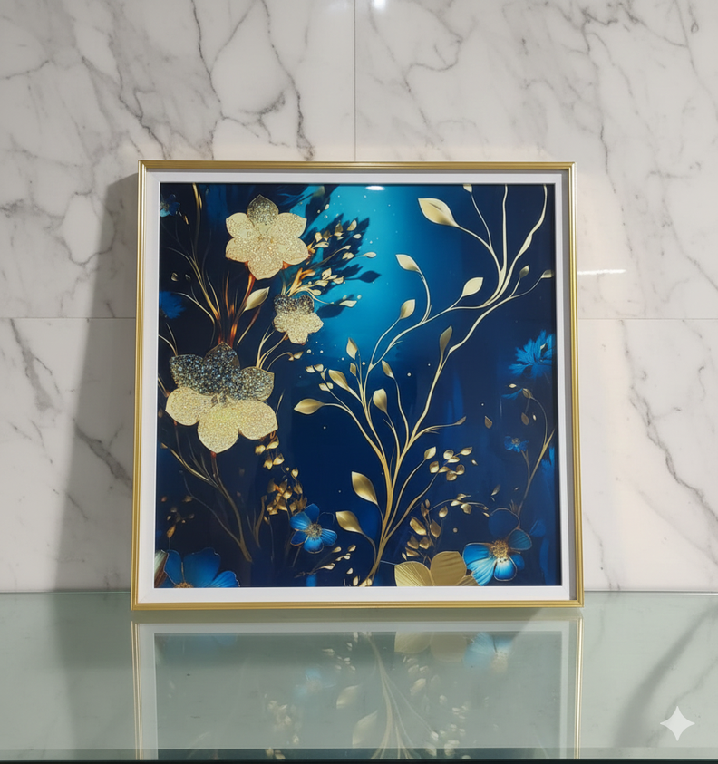 Cuadro Azul con Flores Doradas Minimalista 60x60cm