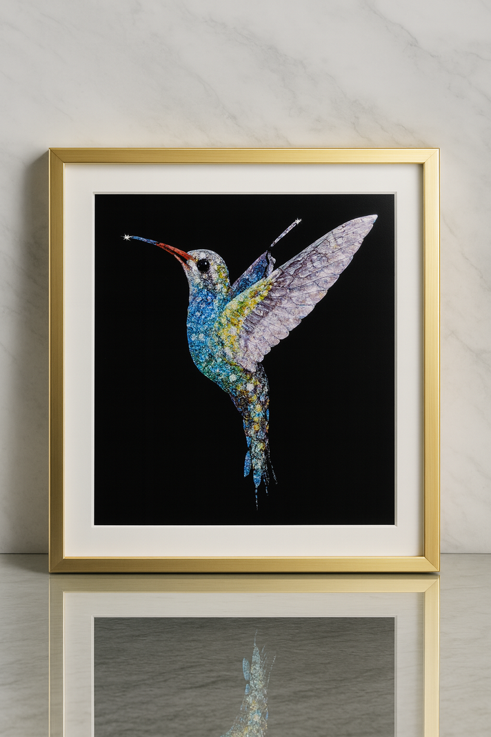 Cuadro Colibrí con Marco Dorado Izq 60x60cm