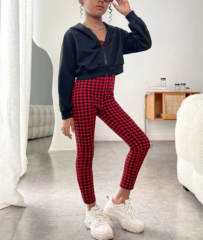 Conjunto de Sudadera y Mono con Estampado de Pata de Gallo-1