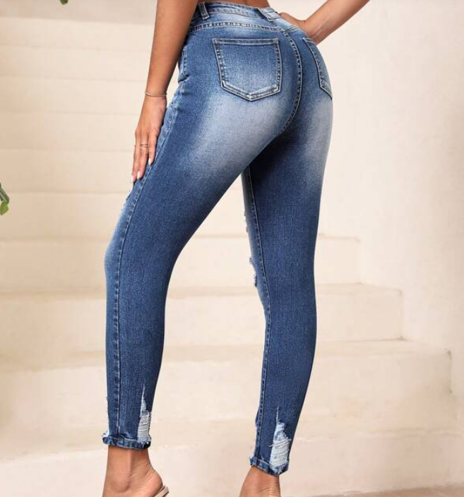 Jeans Ajustados Talle Alto Azul Lavado Medio-1