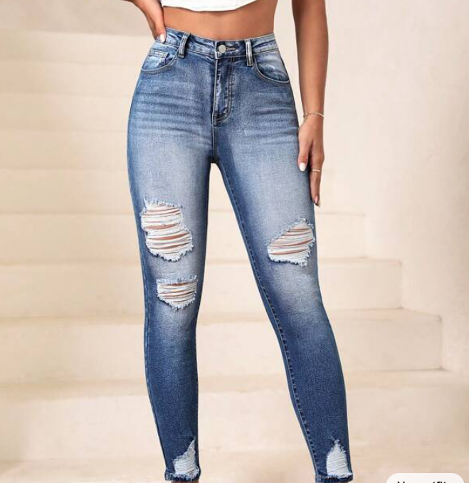 Jeans Ajustados Talle Alto Azul Lavado Medio-2