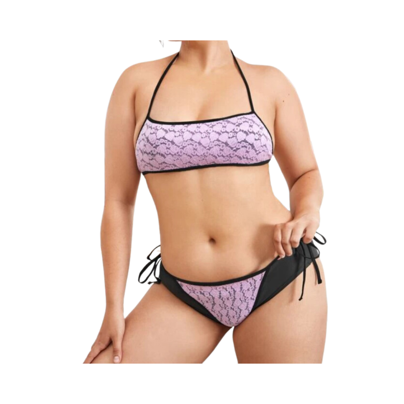 Conjunto de Lencería Lila con Detalles en Encaje y Ribete en Contraste-0