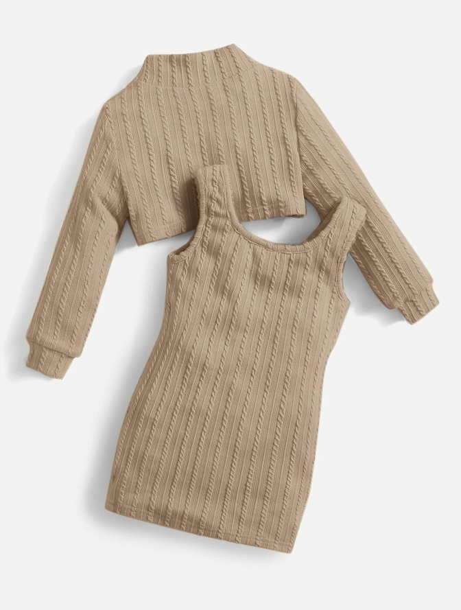 Set de Dos Piezas: Vestido y Sudadera Caqui-2