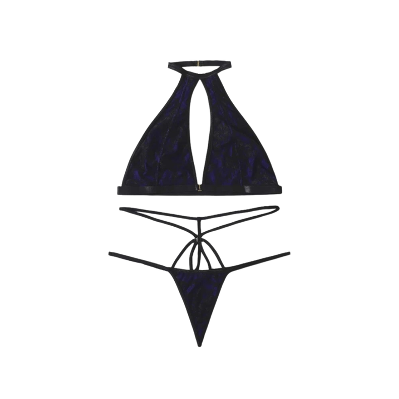 Set de Lencería Negro con Aberturas y Tanga en V -0