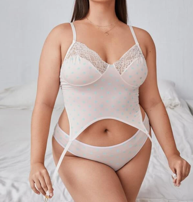 Set de Lencería Sexy - Rosa Pálido con Lunares-4