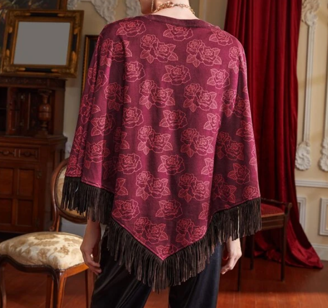 Poncho Floral con Flecos-1