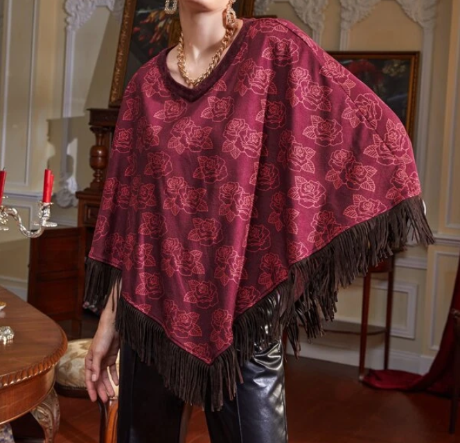 Poncho Floral con Flecos-2