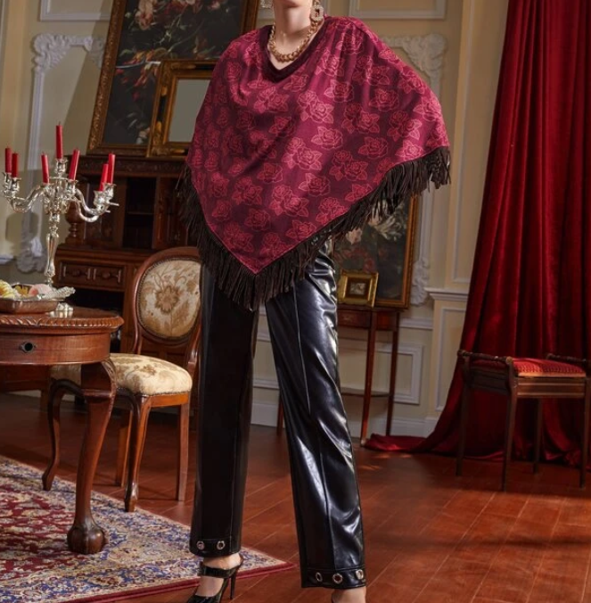 Poncho Floral con Flecos-3