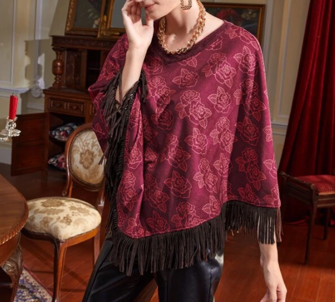 Poncho Floral con Flecos-4