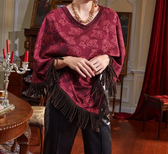 Poncho Floral con Flecos-5