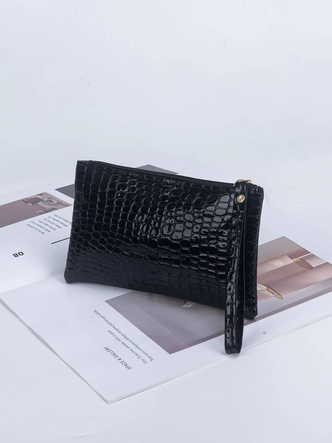 Monedero Negro con Estampado de Piel de Cocodrilo -1