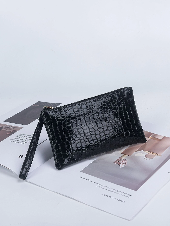 Monedero Negro con Estampado de Piel de Cocodrilo -2
