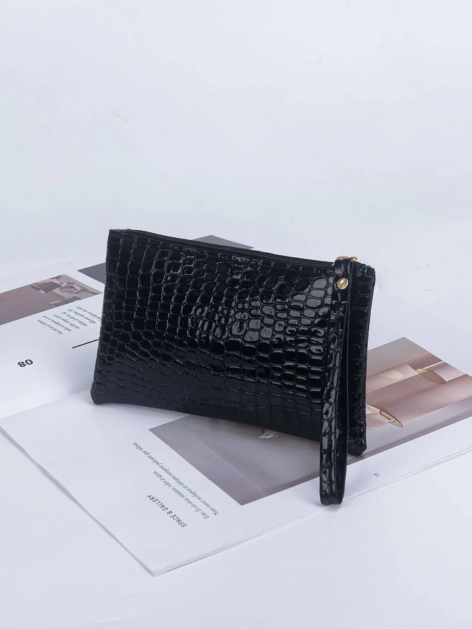 Monedero Negro con Estampado de Piel de Cocodrilo -4