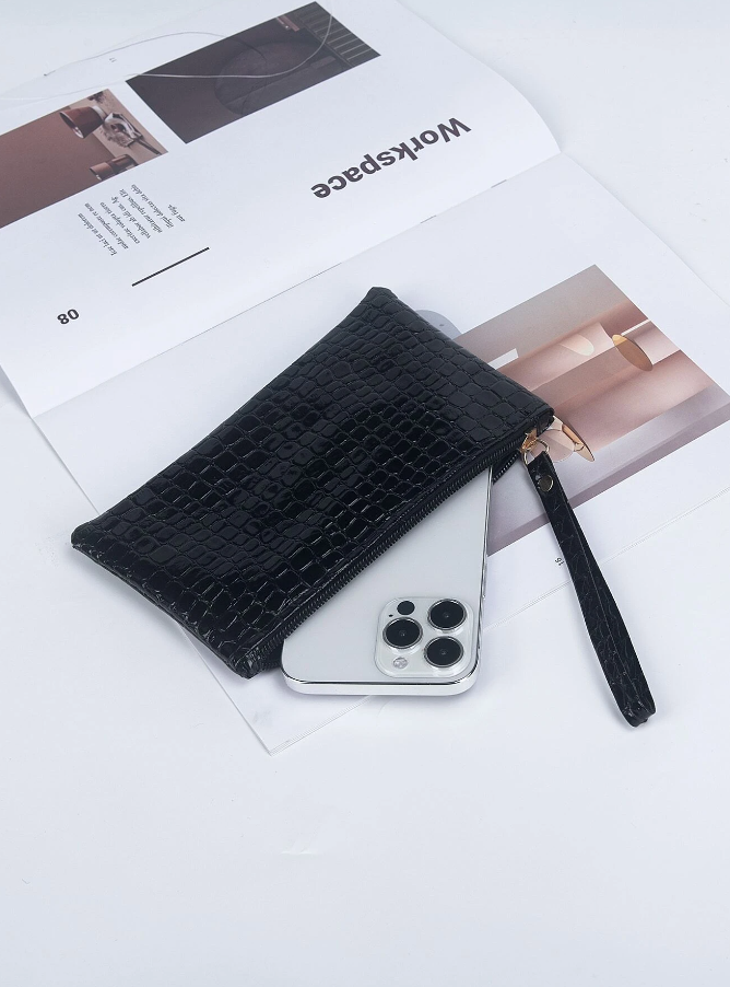 Monedero Negro con Estampado de Piel de Cocodrilo -5