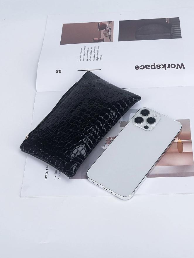 Monedero Negro con Estampado de Piel de Cocodrilo -6