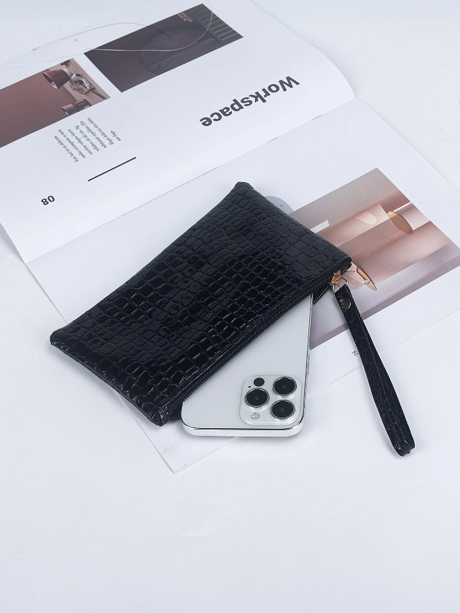 Monedero Negro con Estampado de Piel de Cocodrilo -7