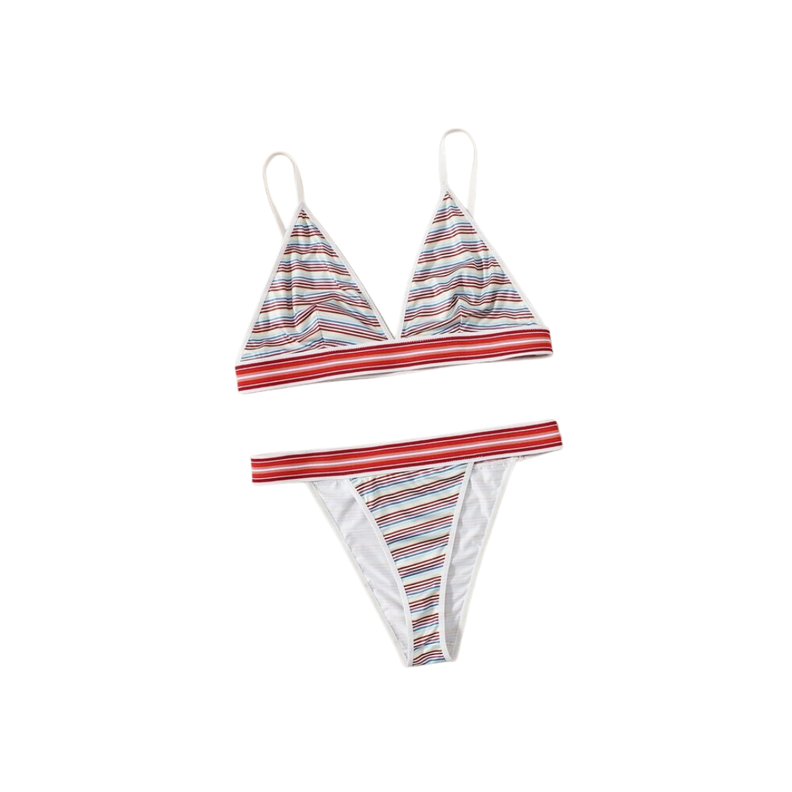 Conjunto de Lencería Multicolor a Rayas con Tanga en V -0