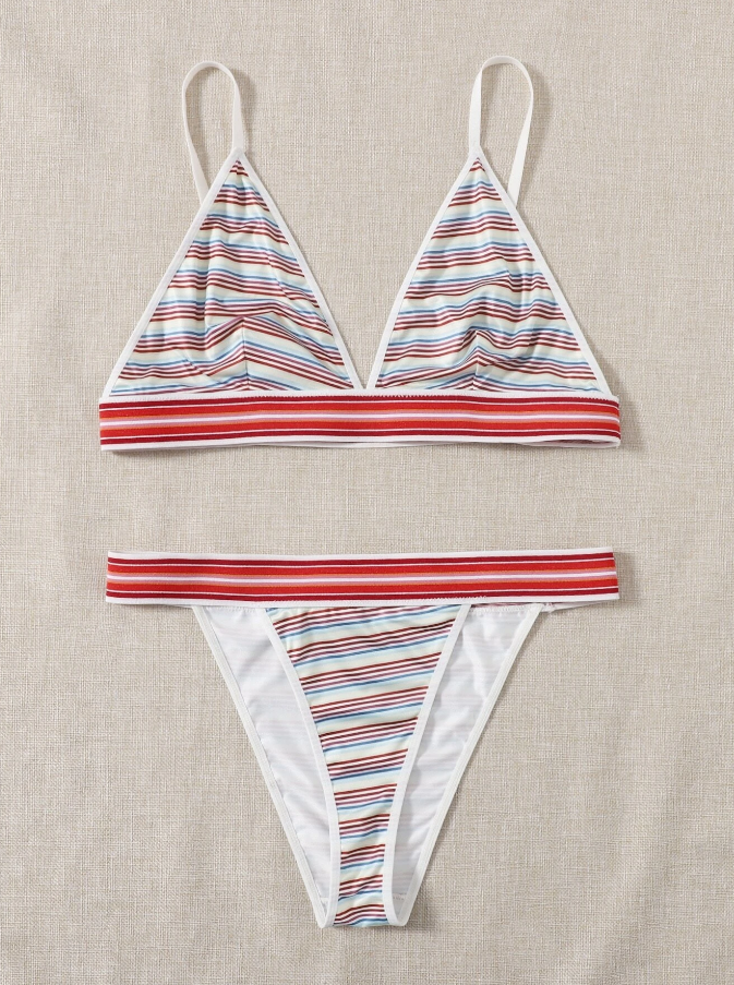 Conjunto de Lencería Multicolor a Rayas con Tanga en V -1
