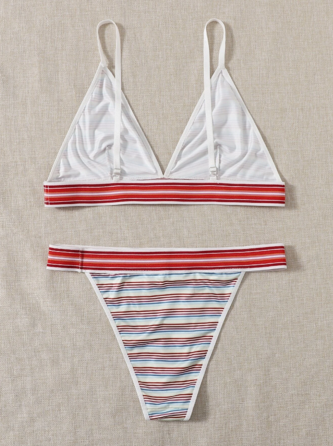 Conjunto de Lencería Multicolor a Rayas con Tanga en V -2