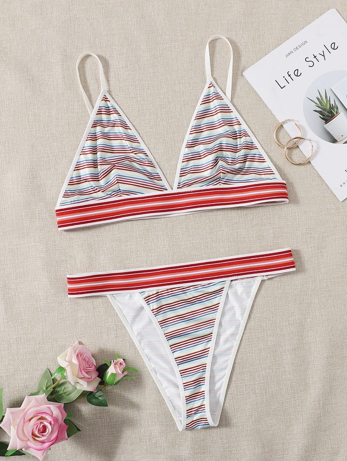 Conjunto de Lencería Multicolor a Rayas con Tanga en V -3