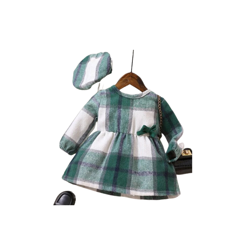 Vestido a Cuadros con Lazo para Chicas - Verde-0