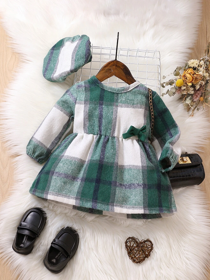 Vestido a Cuadros con Lazo para Chicas - Verde-1