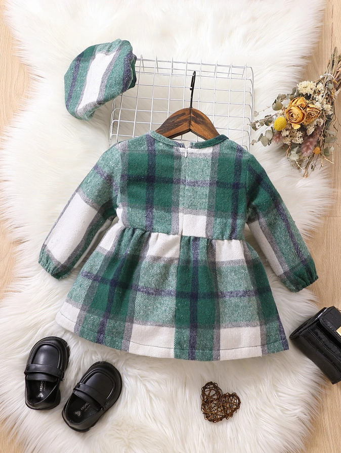 Vestido a Cuadros con Lazo para Chicas - Verde-2
