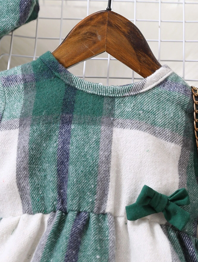 Vestido a Cuadros con Lazo para Chicas - Verde-3