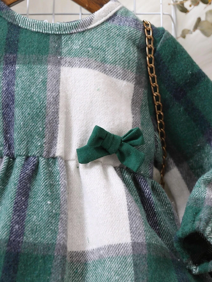 Vestido a Cuadros con Lazo para Chicas - Verde-5
