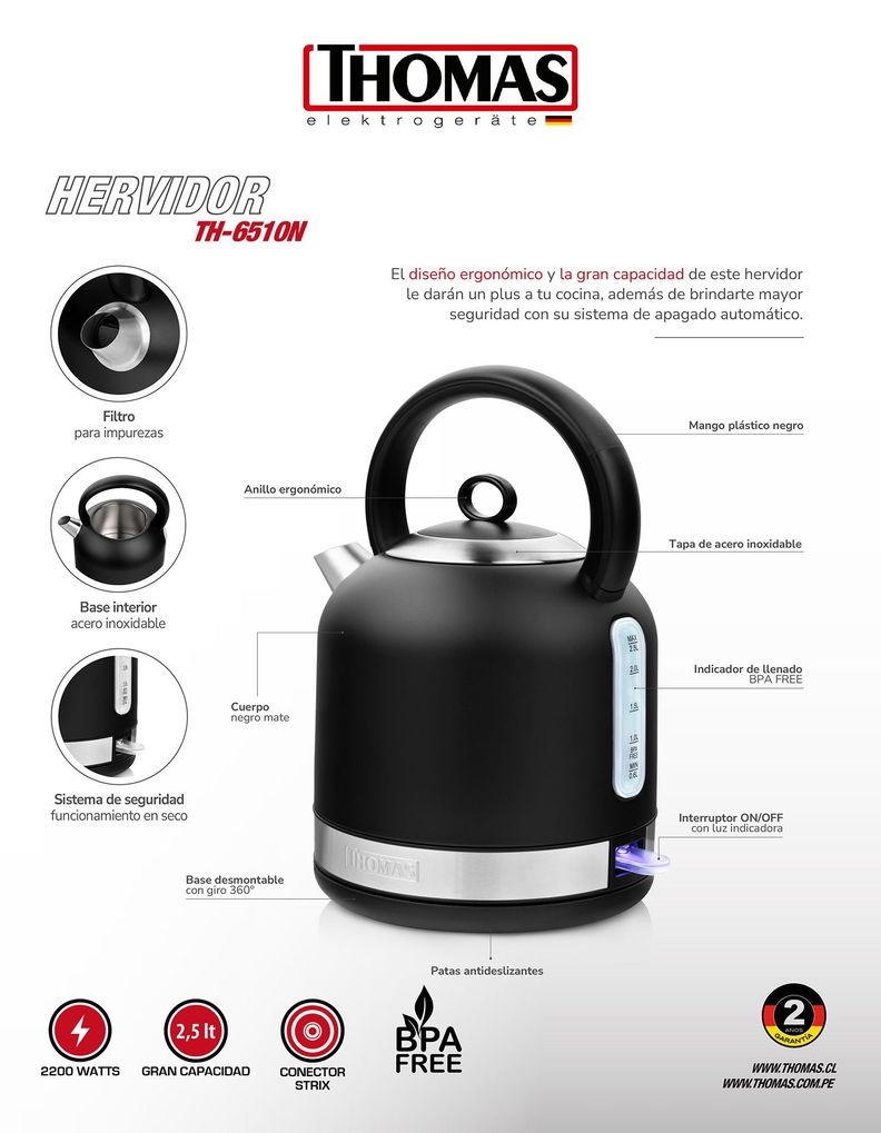 Hervidor Negro Mate 2.5 lts TH-6510N-1
