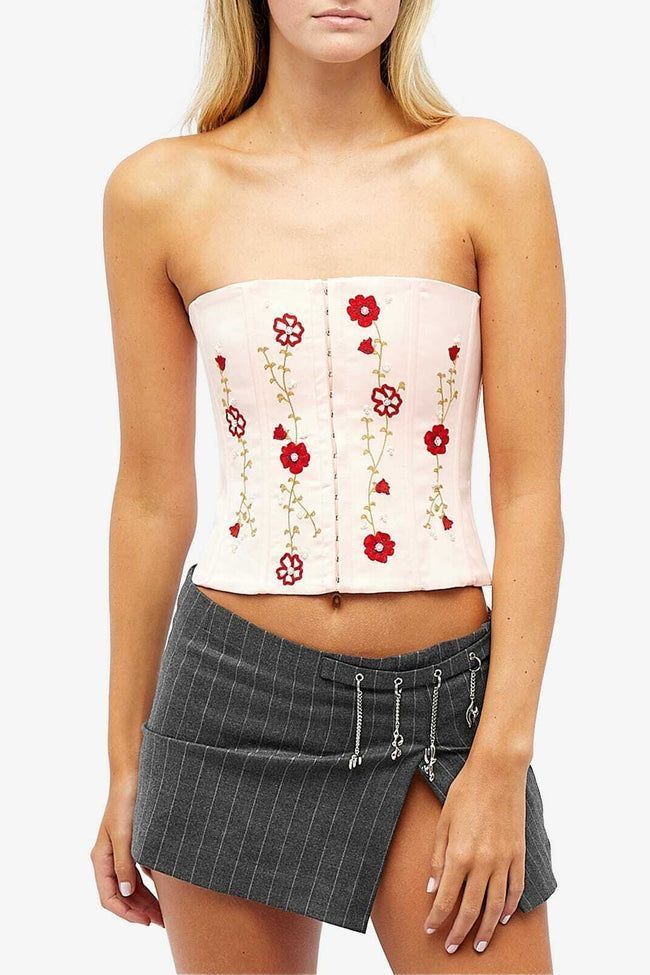 Corset Crop Top Rosa Flores Bordado-0