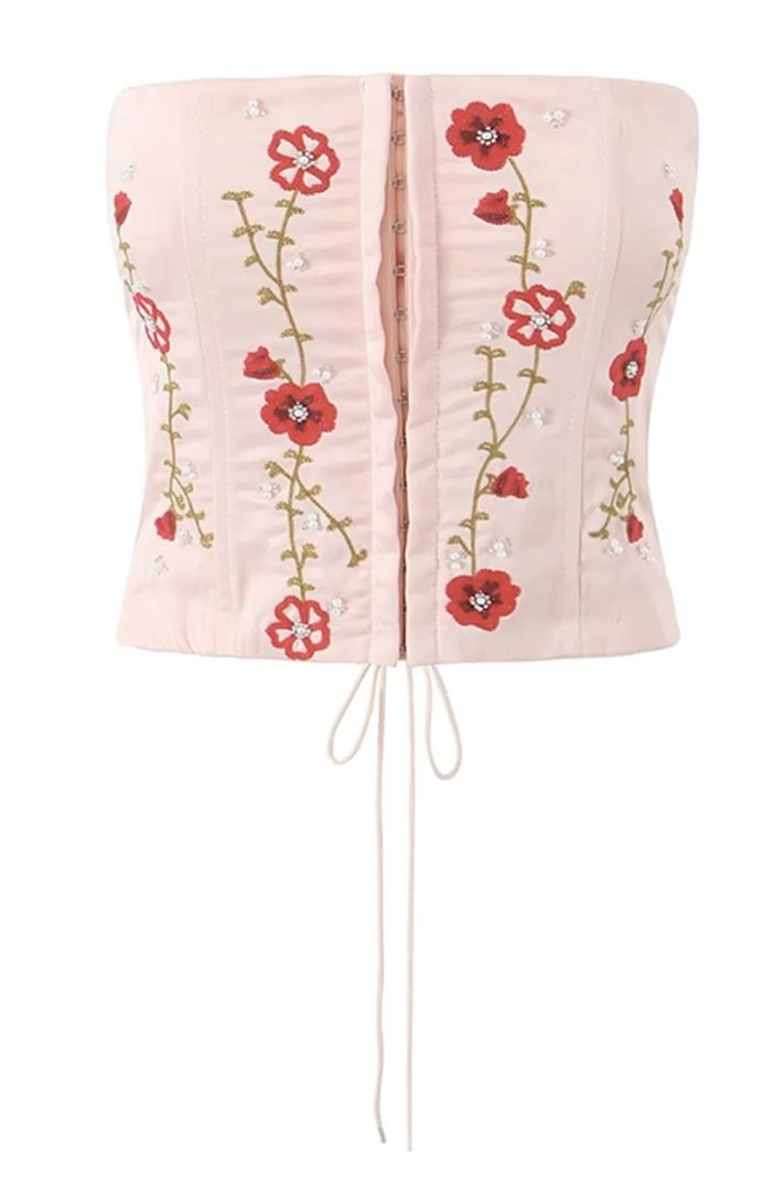 Corset Crop Top Rosa Flores Bordado-1