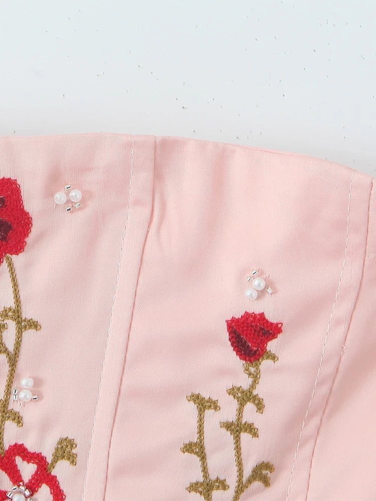 Corset Crop Top Rosa Flores Bordado-2
