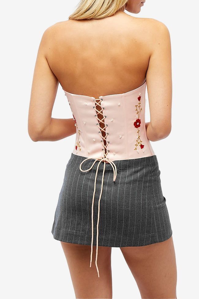 Corset Crop Top Rosa Flores Bordado-3
