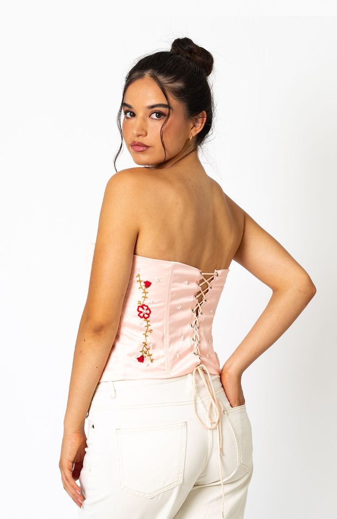 Corset Crop Top Rosa Flores Bordado-5