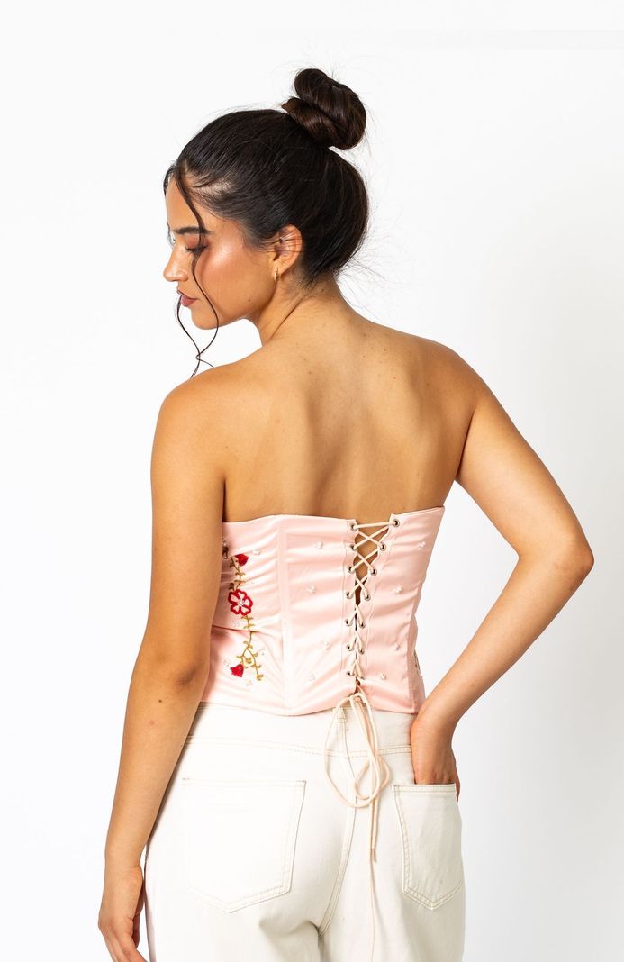 Corset Crop Top Rosa Flores Bordado-6