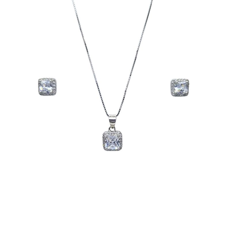 Collar + Aros Rectangular Circon Rodinado 45cm Plata 925
