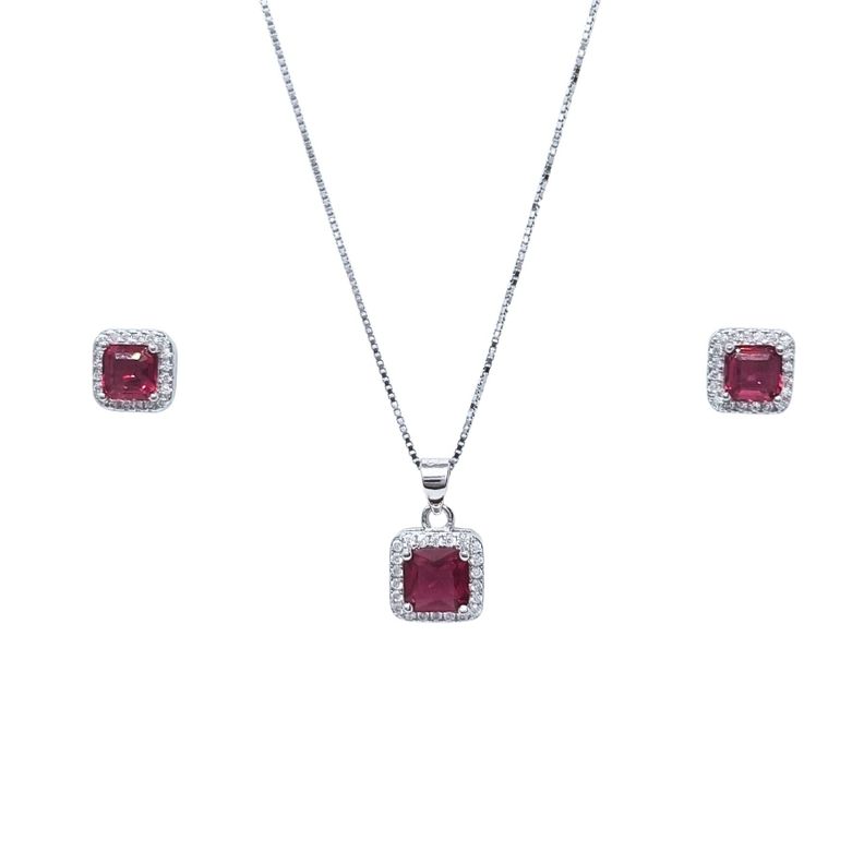 Collar + Aros Rectangular Rubí Rodinado 45cm Plata 925