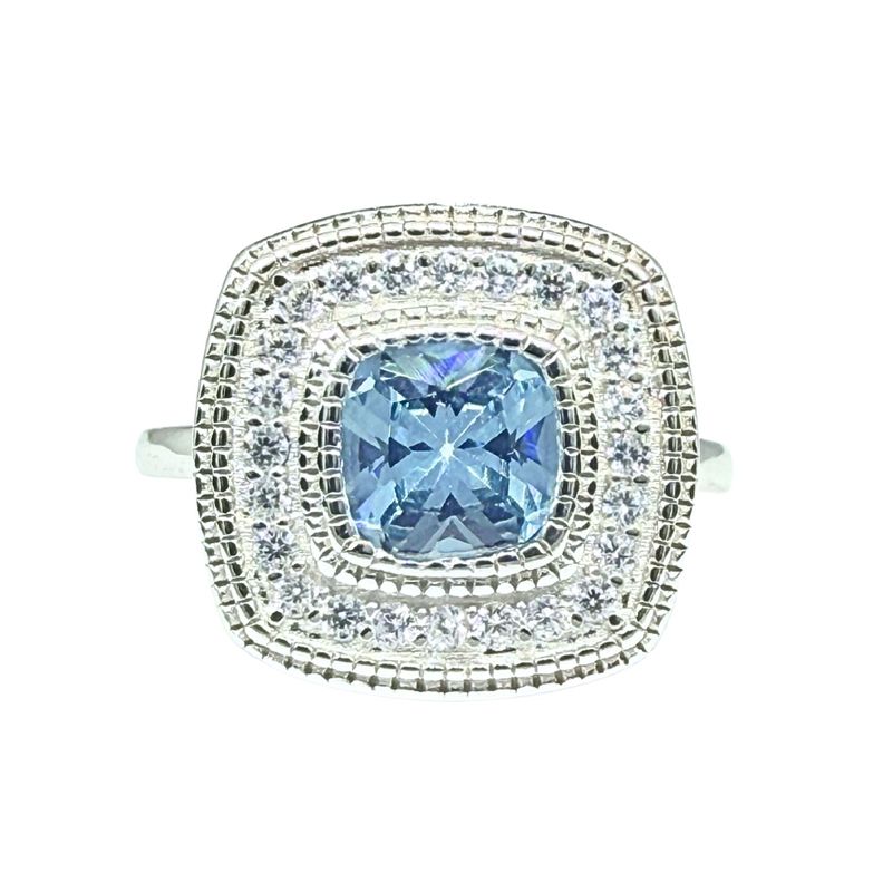 Anillo Halo Cuadrado Agua Marina Plata 925 Celeste 10