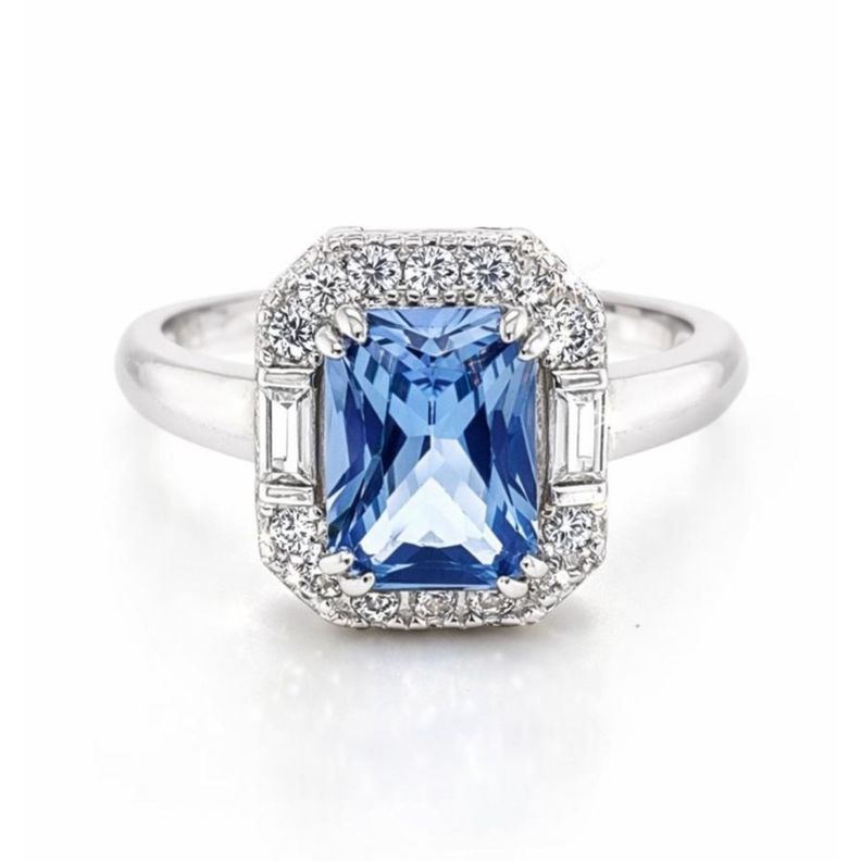 Anillo Halo Agua Marina Rectangular Plata 925 Celeste 10