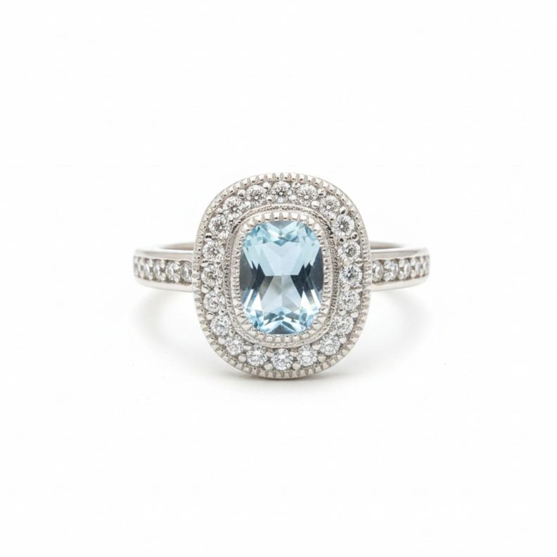 Anillo Vintage Halo Ovalado Agua Marina Plata 925 15