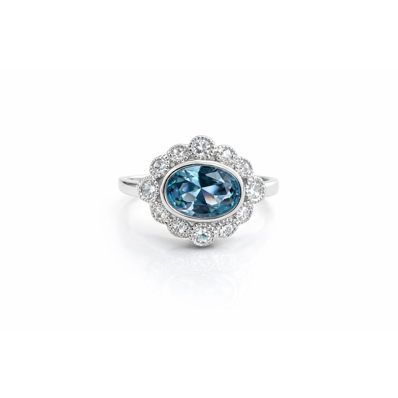 Anillo Agua Marina Borde Circones Ovalado Plata 925 11