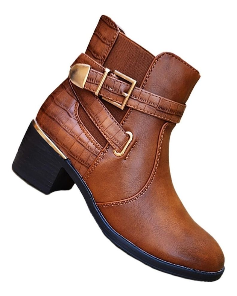 Botin Media Caña Cuero Pu Mujer Casual Otoño Invierno Camel - 7137-0