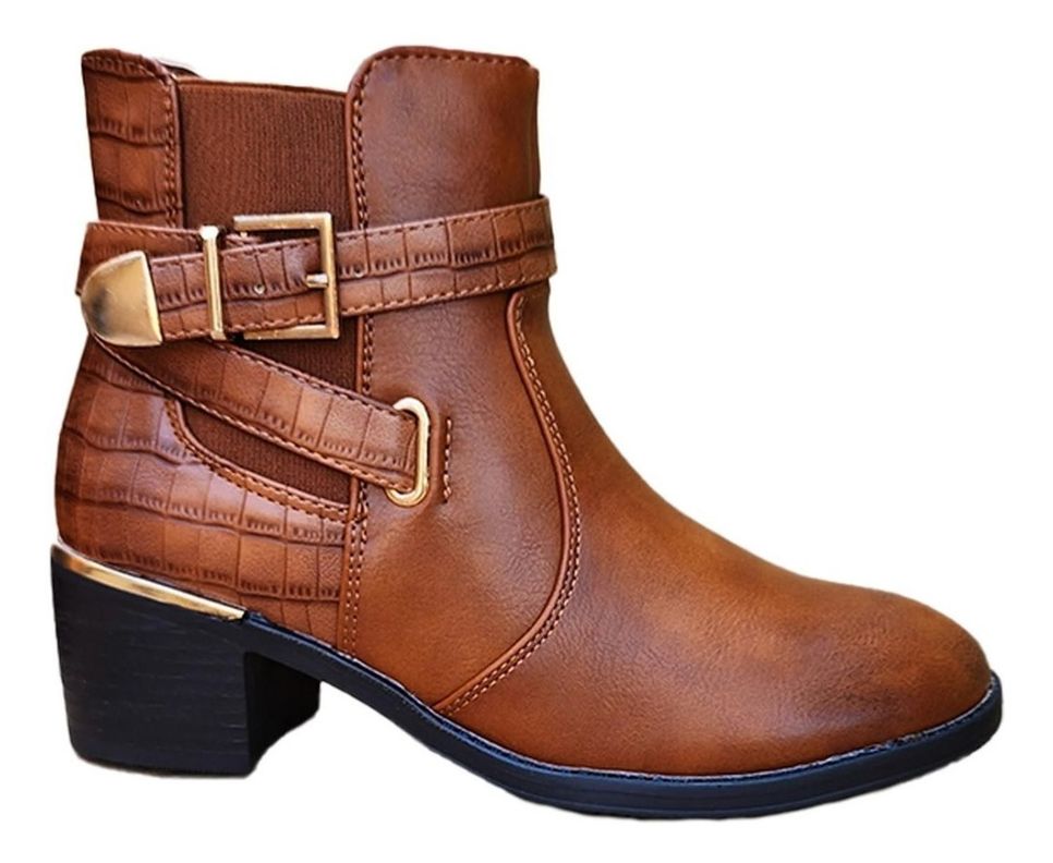 Botin Media Caña Cuero Pu Mujer Casual Otoño Invierno Camel - 7137-1