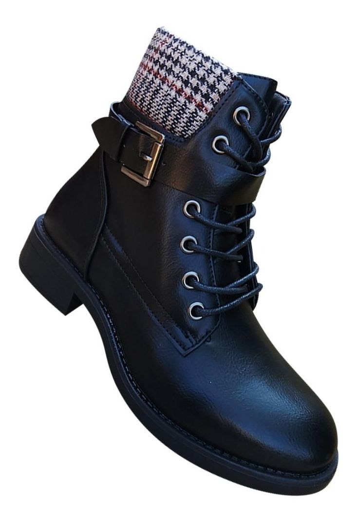Botin Mujer De Cuero Pu Con Diseño Escoces Casual Negro - 7144-0