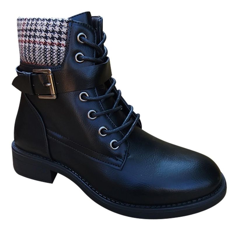 Botin Mujer De Cuero Pu Con Diseño Escoces Casual Negro - 7144-1