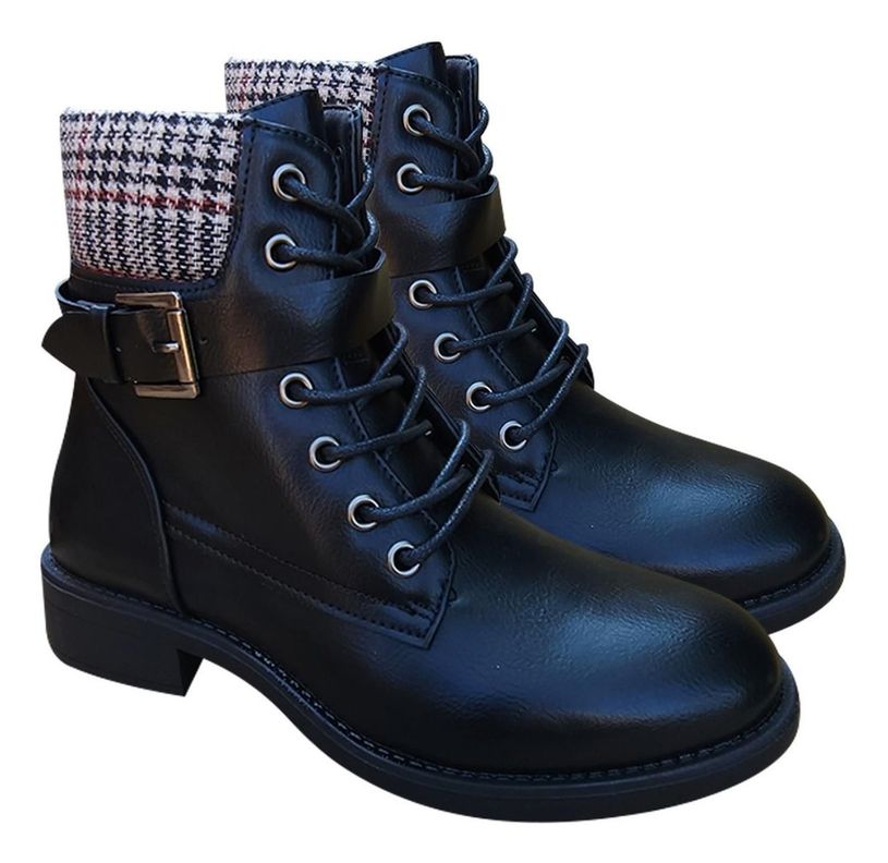 Botin Mujer De Cuero Pu Con Diseño Escoces Casual Negro - 7144-2